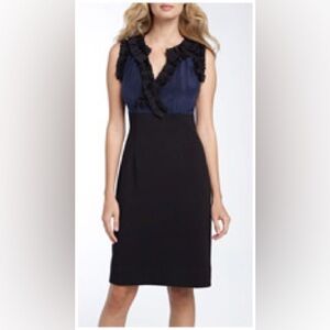 Taylor Women's Ruffled V Neck Silk Midi Dress in Ink Blue & Black Size 8
